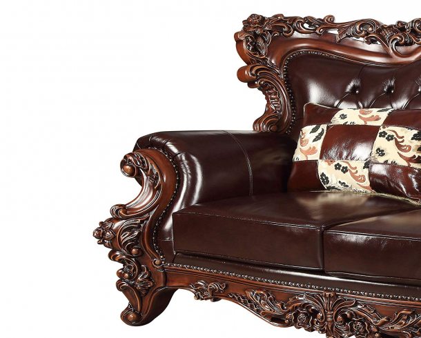 Leatherette Loveseat with Ornate Carvings