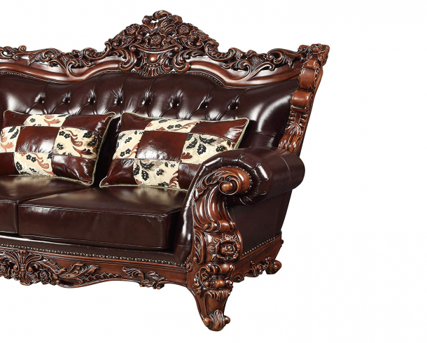 Leatherette Loveseat with Ornate Carvings